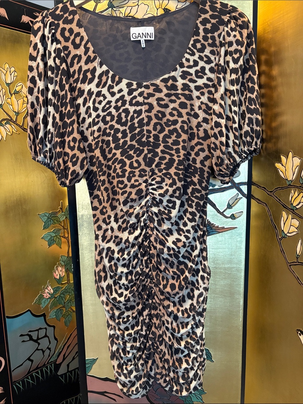 Ganni Leopard Print Ruched Puff Sleeve Dress in Brown and Black